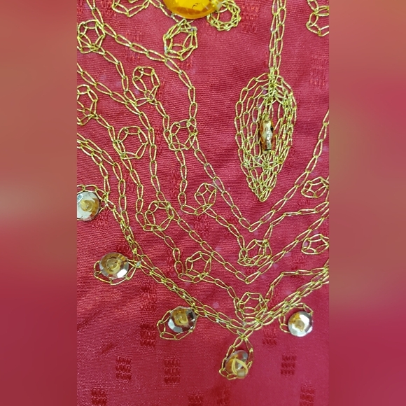 Asgro Red Textured Satin Kaftan with Gold Embroidery Boho Caftan Maxi Dress - Picture 7 of 9